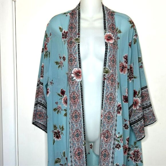 LIVE TO BE SPOILED AQUA FLORAL SEMI-SHEER KIMONO JACKET POP-OVER COVER-UP SIZE S - Picture 2 of 11